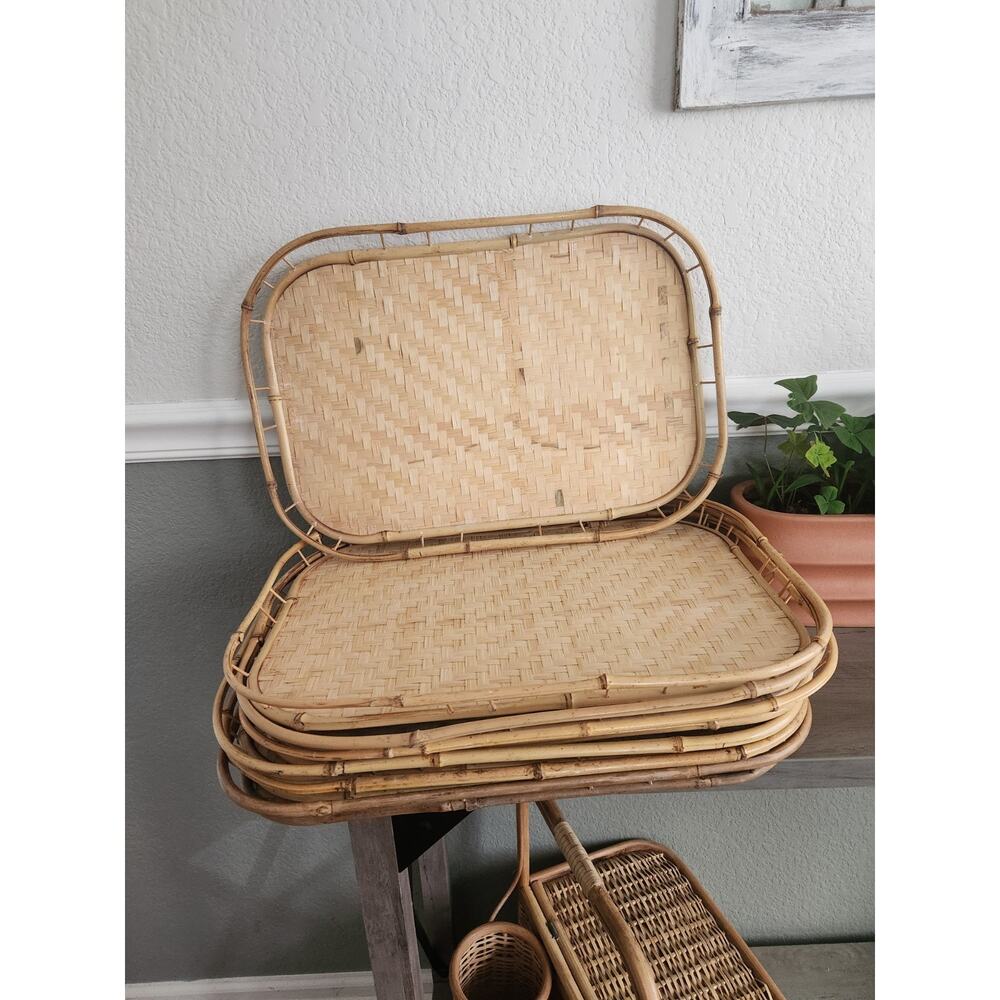 Vtg Woven Bamboo Rattan Wicker Lap Trays Tiki Bar‎ Boho 19"×13” Set Of 7 Pier 1